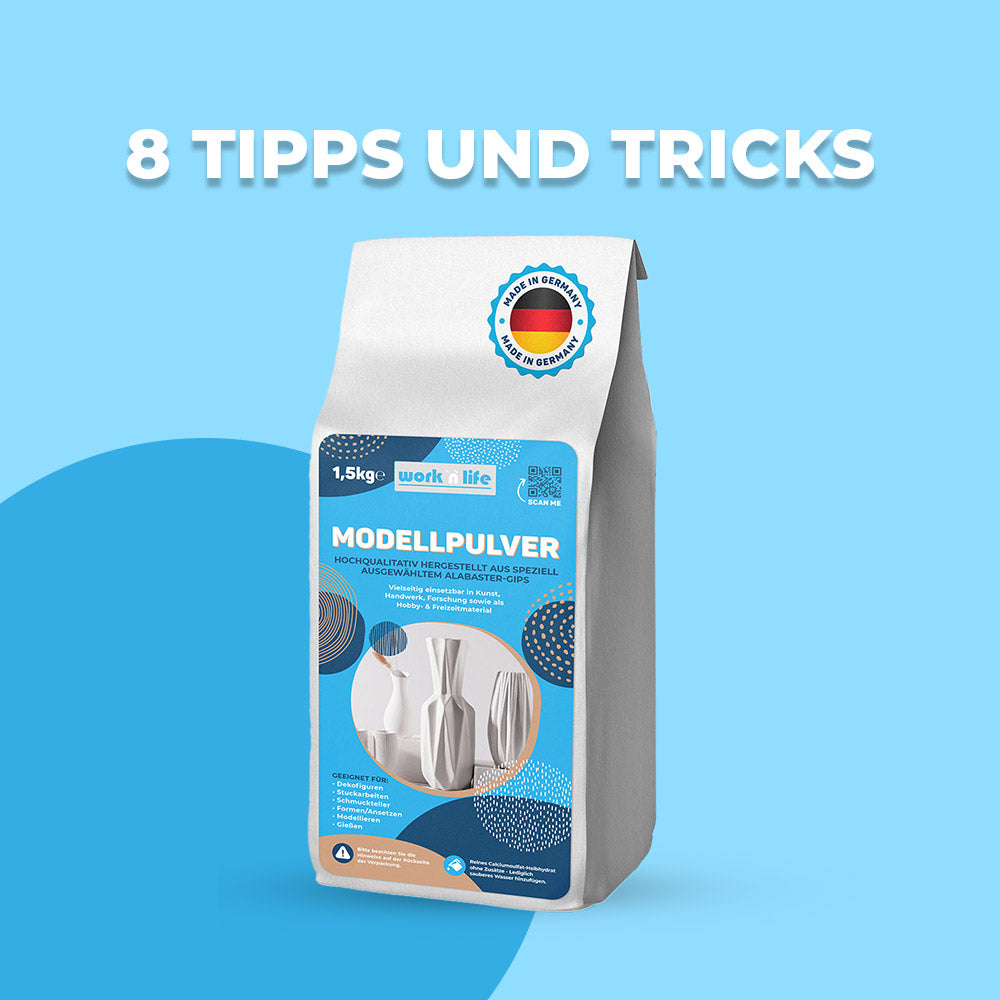 Modellpulver auf blauem Hintergrund mit der Überschrift 8 Tipps und Tricks