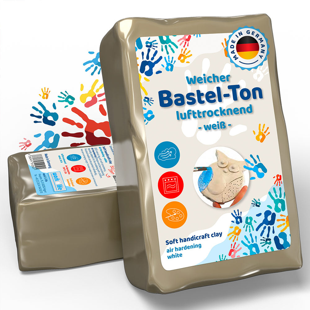 Zwei Packungen lufttrocknender Bastelton auf weißem Hintergrund